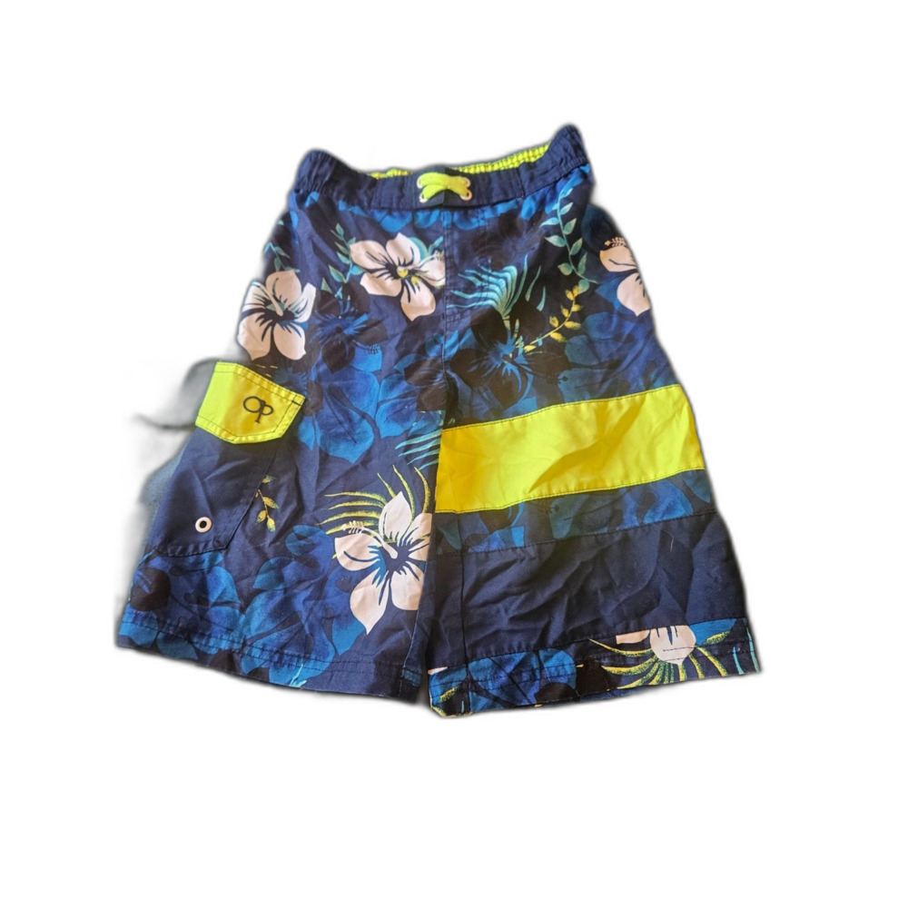 OP Ocean Pacific Boys Tropical Hibiscus Floral Swim Trunks Blue/Lime